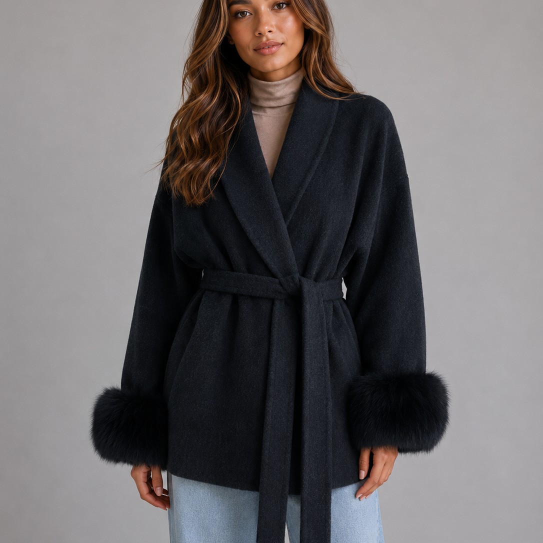 Genevieve | Women's Wool Wrap Coat with Faux Fur Cuffs