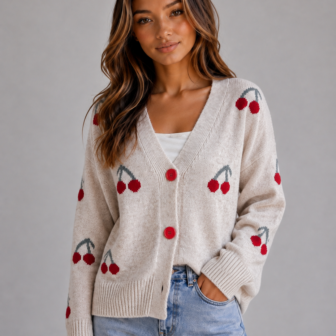 Josie | Women's Cherry Print Knit Cardigan