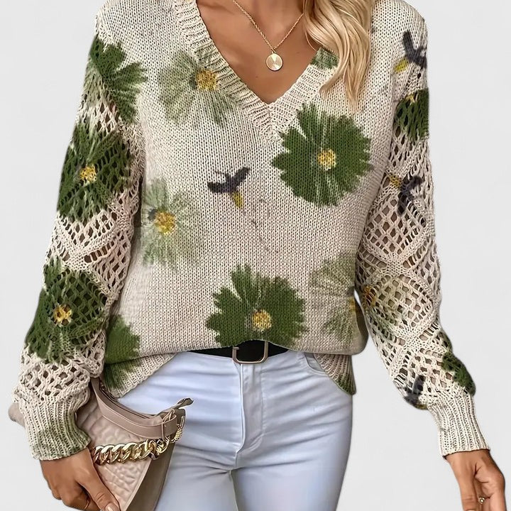 Araminta | Women's Floral Print Knit Jumper with Openwork Sleeves