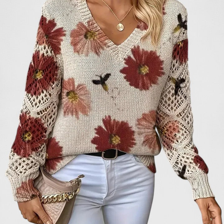 Araminta | Women's Floral Print Knit Jumper with Openwork Sleeves