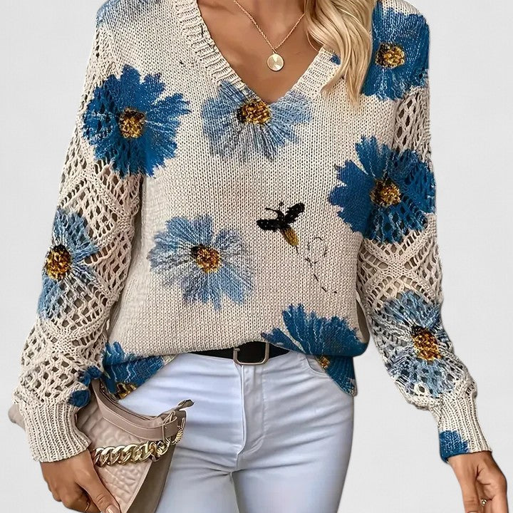 Araminta | Women's Floral Print Knit Jumper with Openwork Sleeves