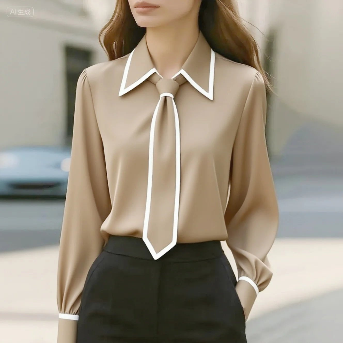 Marisela | Contrast Trim Tie Neck Blouse Collared Long Sleeve