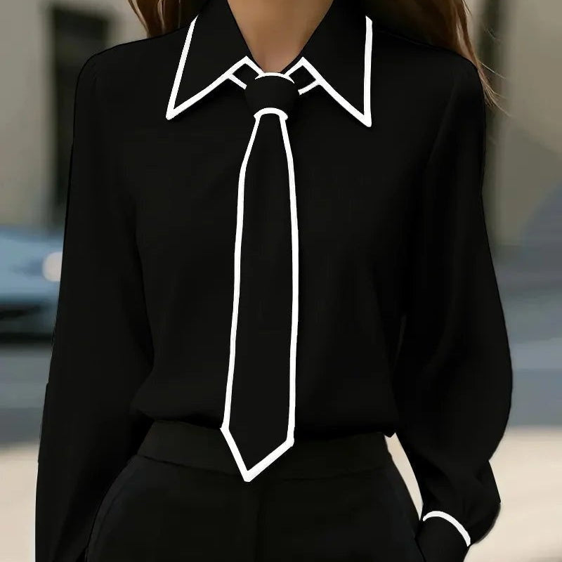Marisela | Contrast Trim Tie Neck Blouse Collared Long Sleeve