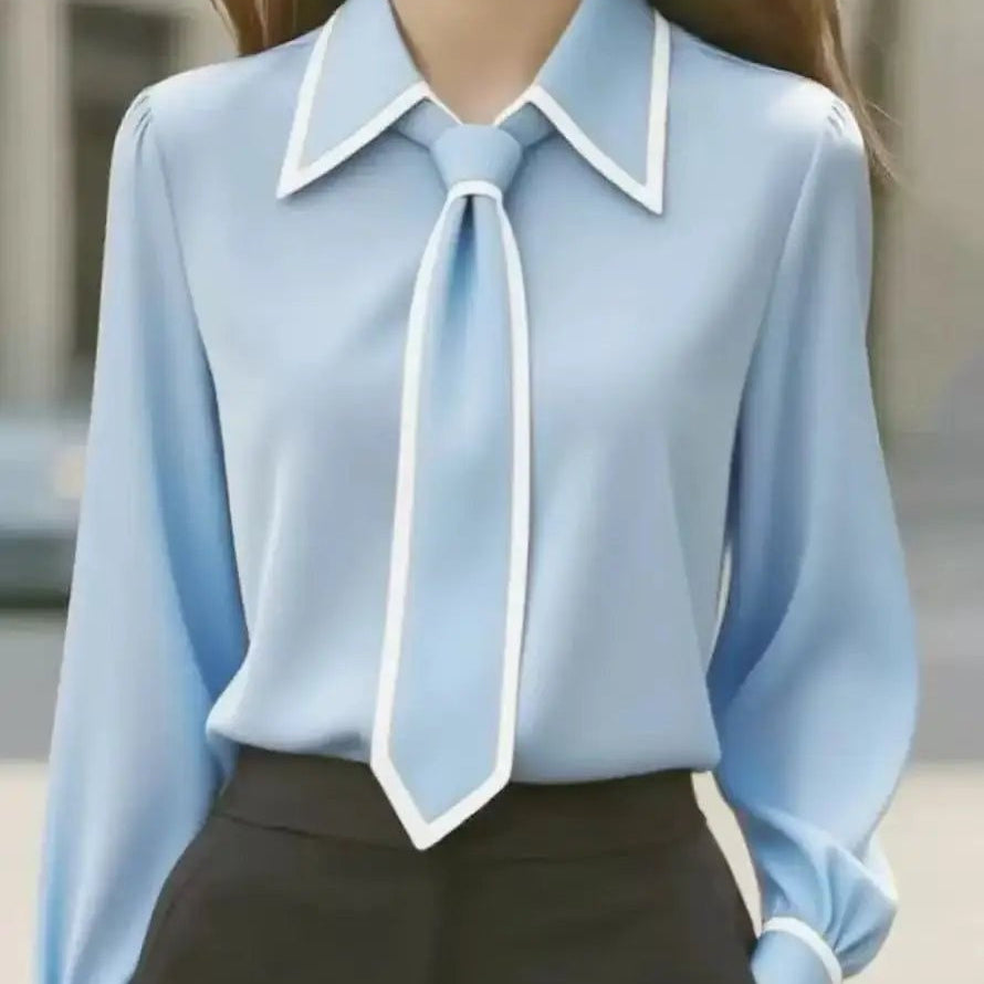 Marisela | Contrast Trim Tie Neck Blouse Collared Long Sleeve