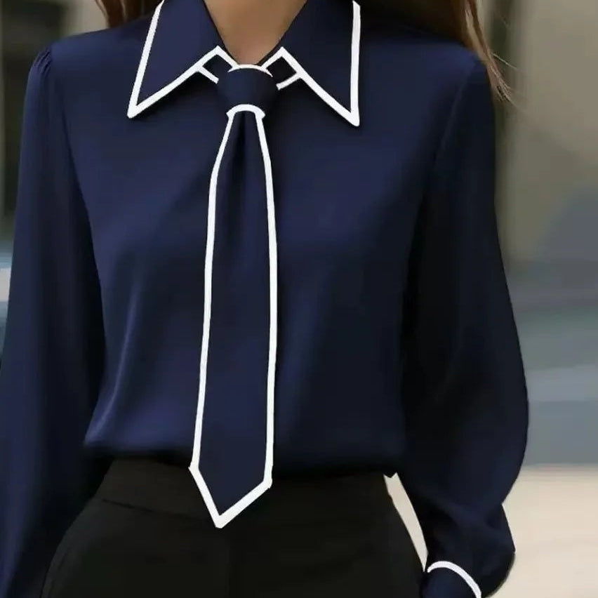 Marisela | Contrast Trim Tie Neck Blouse Collared Long Sleeve