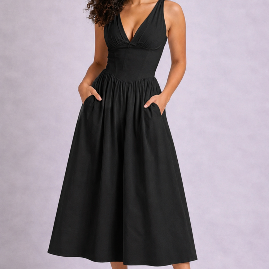Ciara| White V-Neck Summer Midi Dress