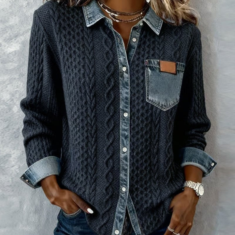 Bellamy | Cable Knit Denim Trim Cardigan Collared