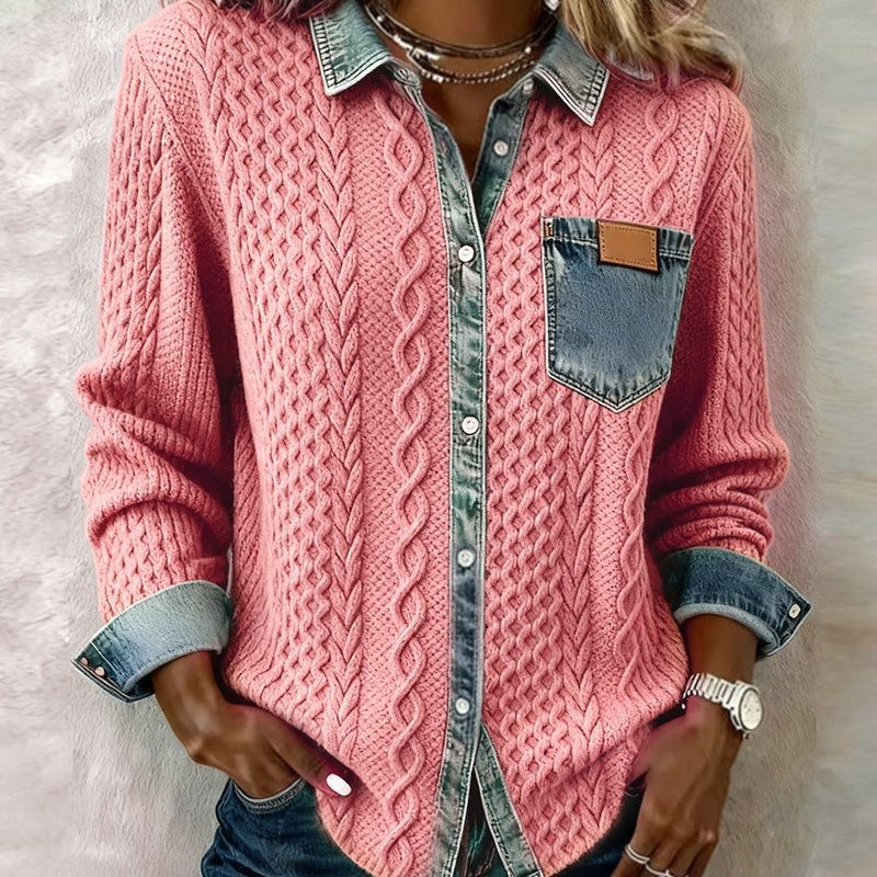 Bellamy | Cable Knit Denim Trim Cardigan Collared