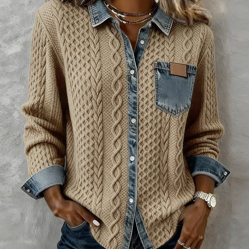 Bellamy | Cable Knit Denim Trim Cardigan Collared