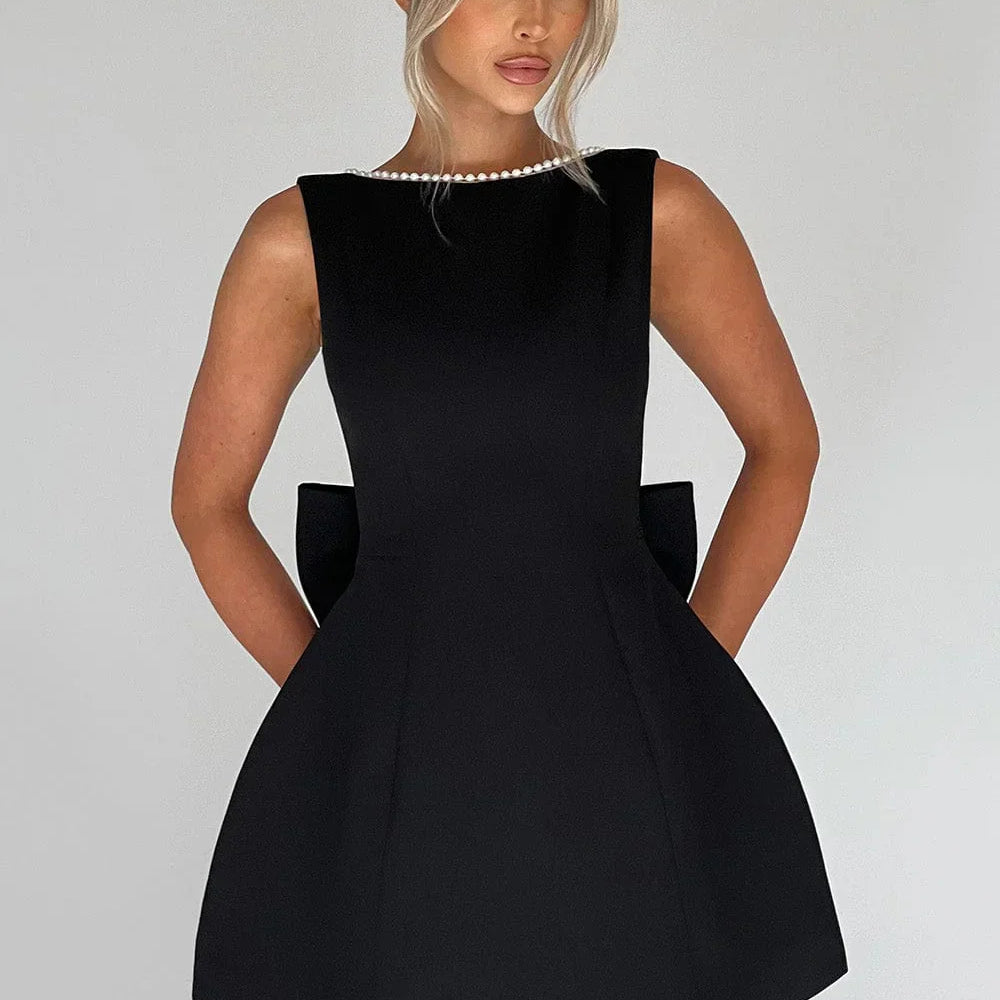 Aoibhinn | Pearl Trim Mini Dress Bow Pocket Sleeveless A-Line Party Occasion