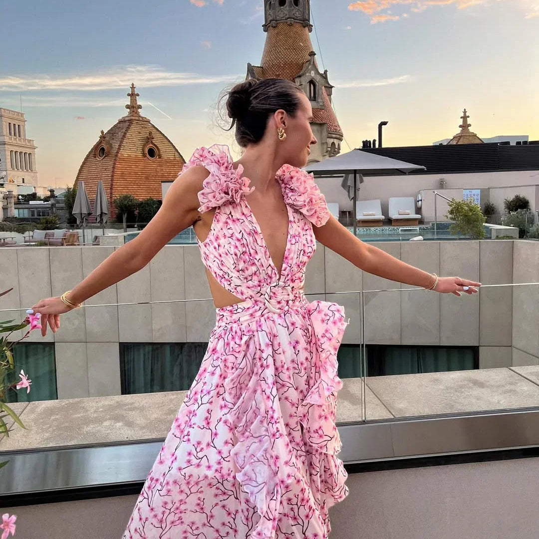 Clíodhna | Floral Ruffle Maxi Dress Deep V Neck Tiered Summer Party Occasion