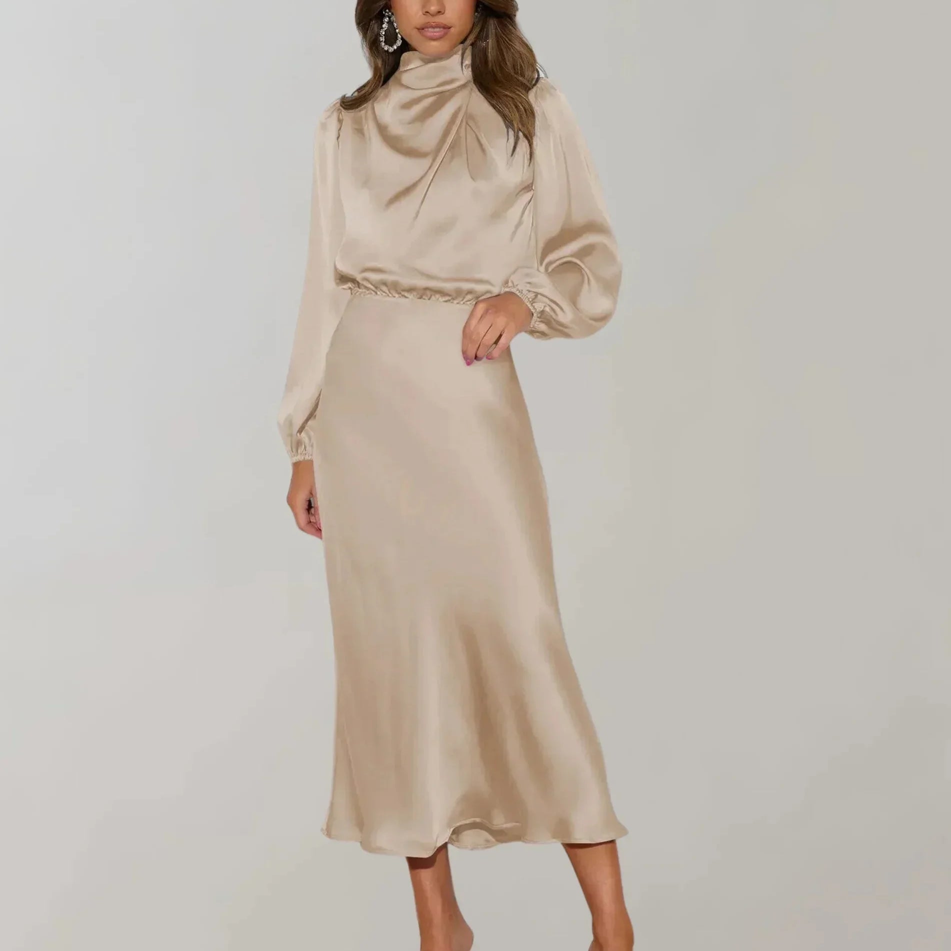 Meadhbh | Satin High Neck Long Sleeve Midi Dress