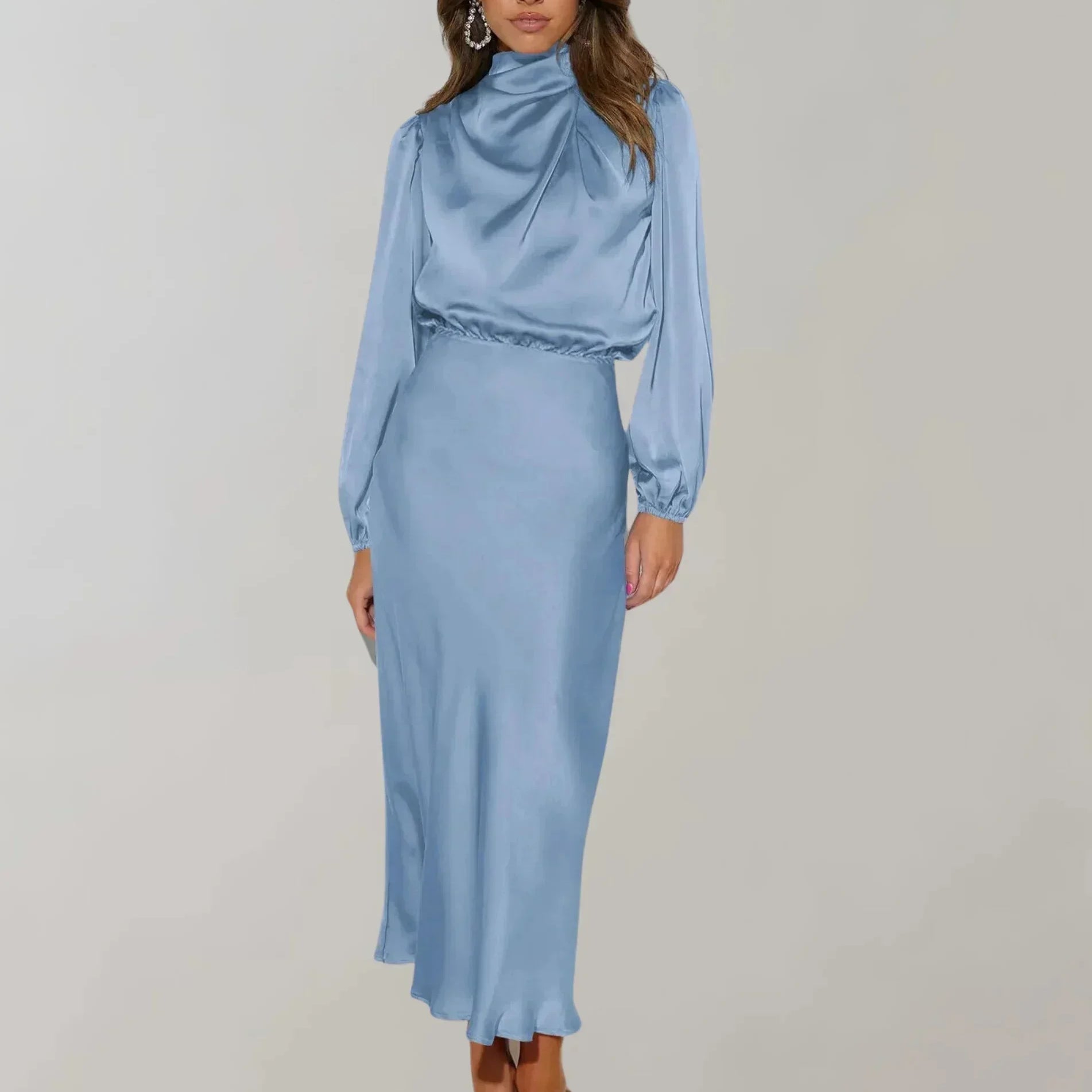 Meadhbh | Satin High Neck Long Sleeve Midi Dress