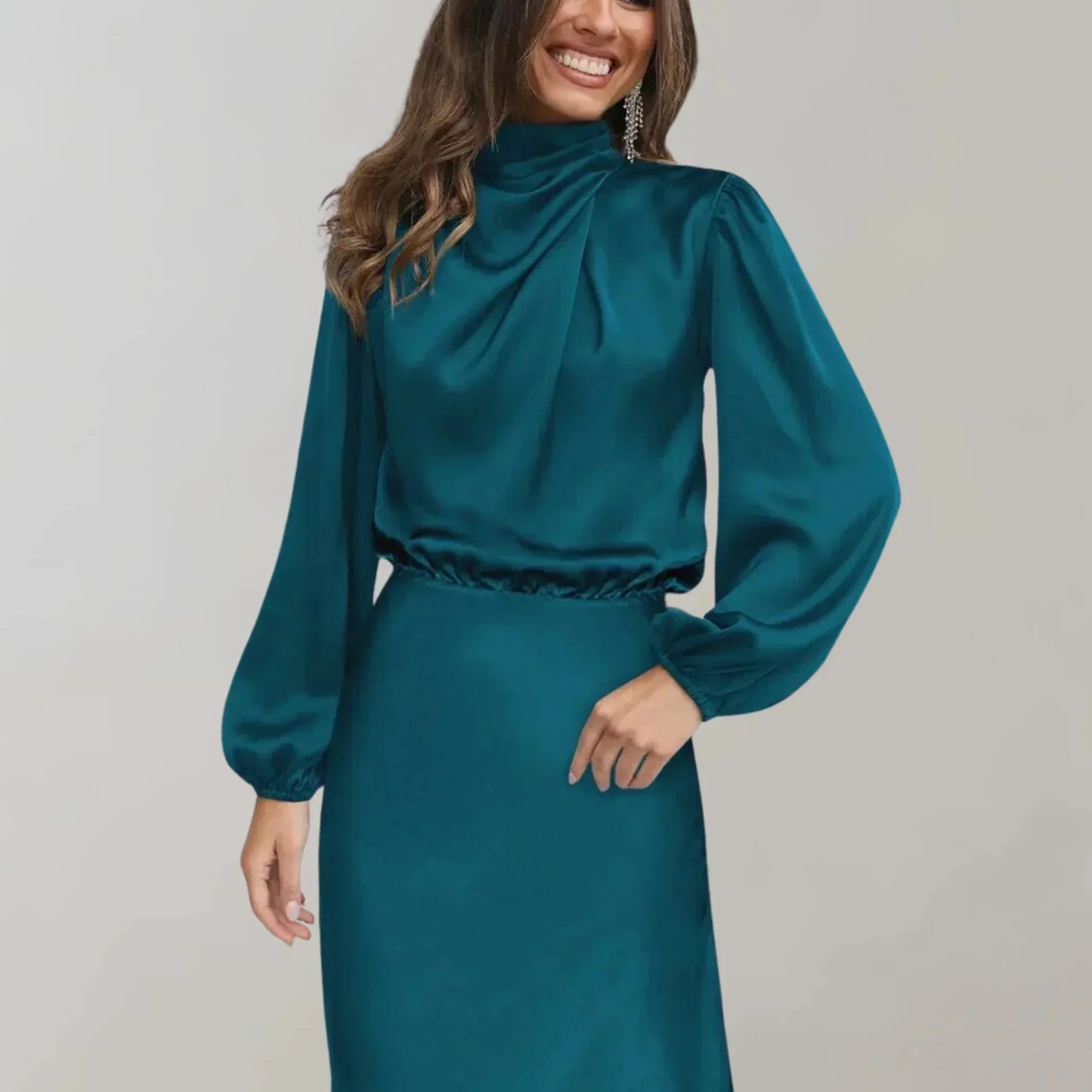 Meadhbh | Satin High Neck Long Sleeve Midi Dress