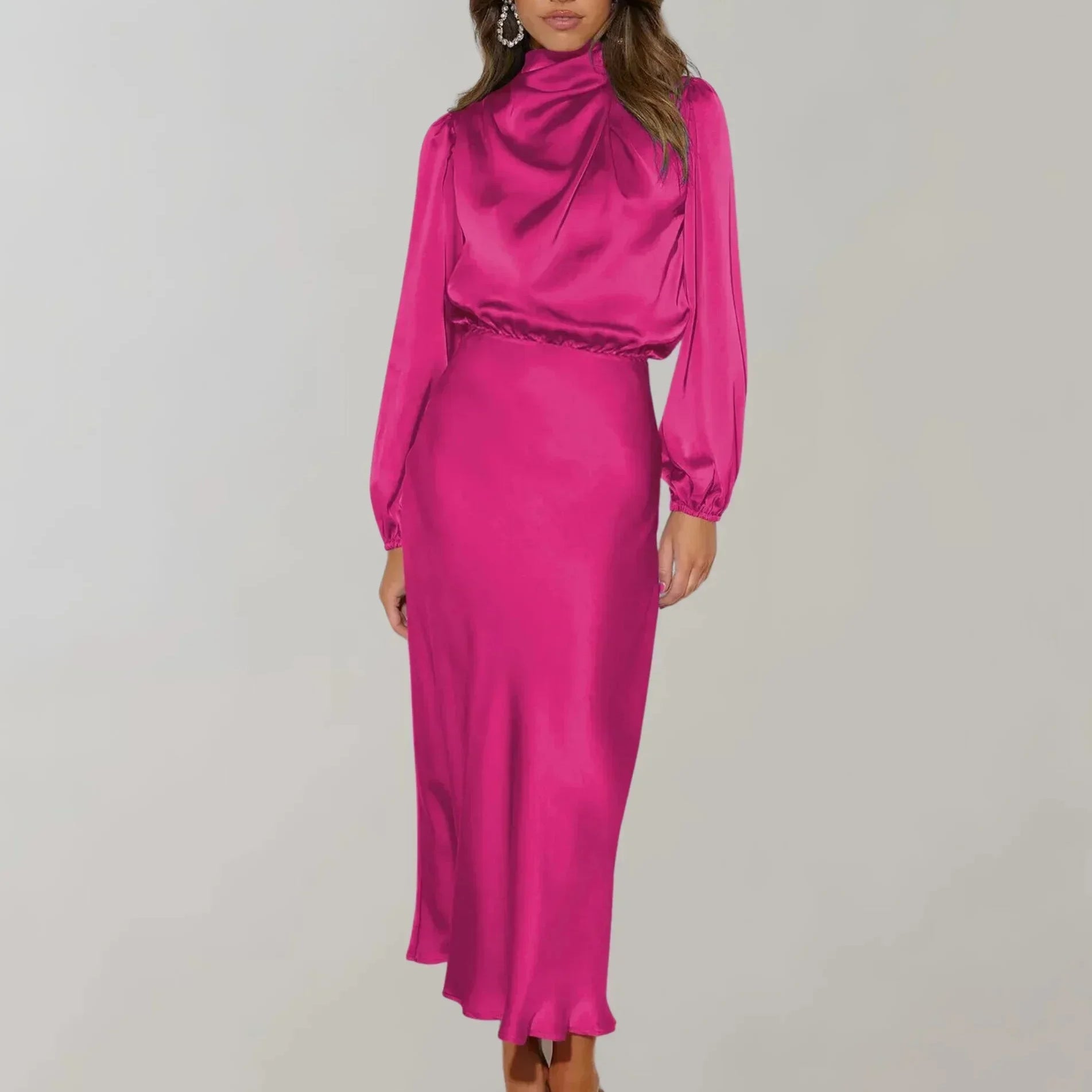Meadhbh | Satin High Neck Long Sleeve Midi Dress