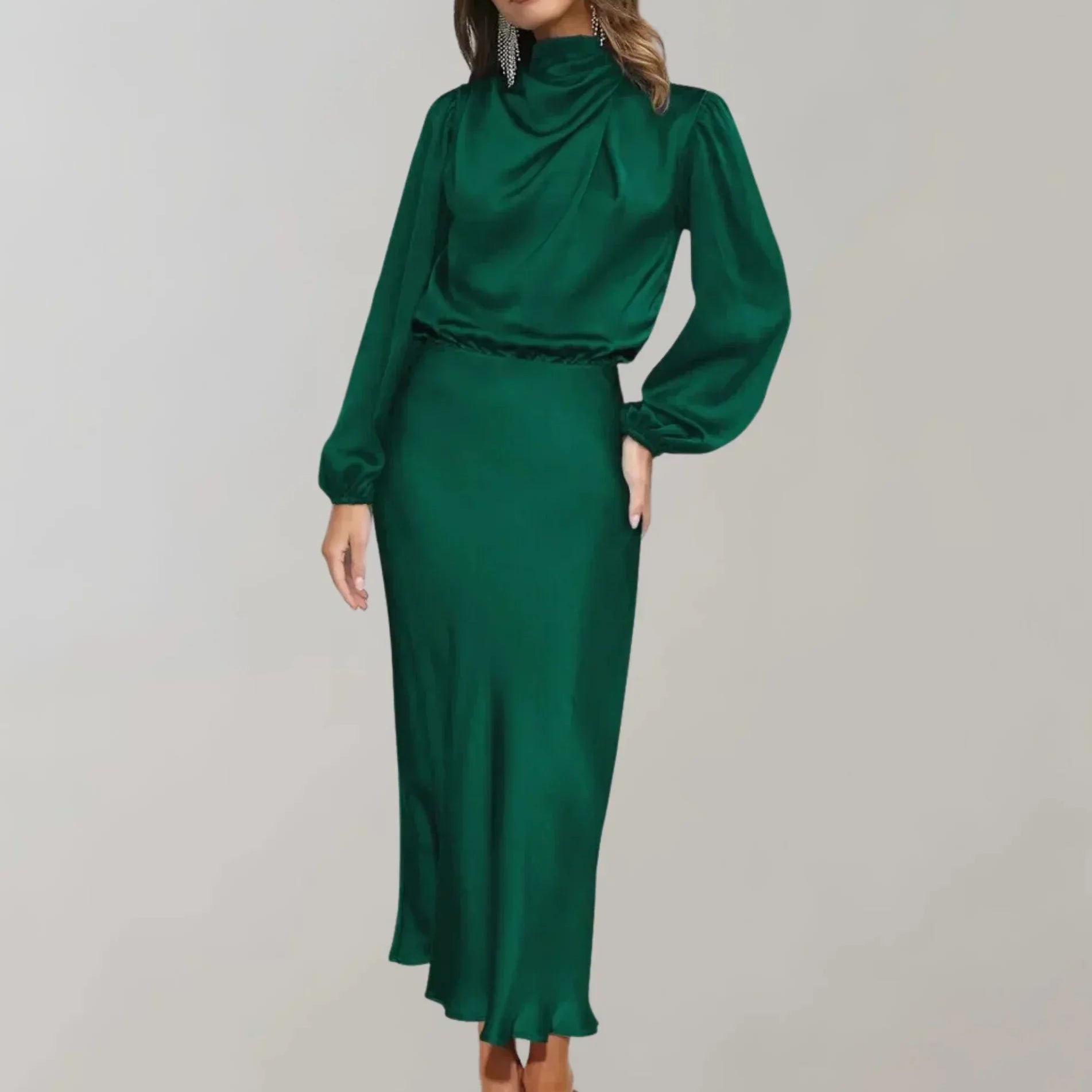 Meadhbh | Satin High Neck Long Sleeve Midi Dress