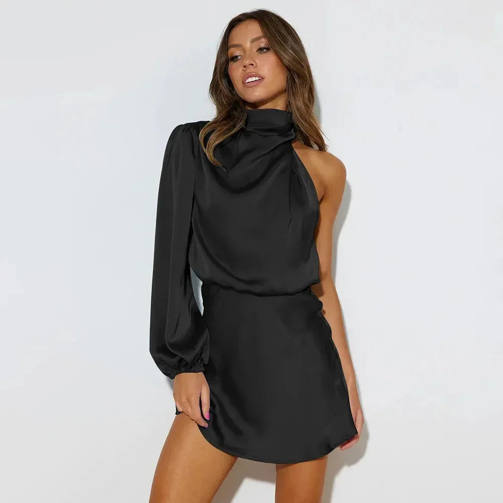 Dearbhla | One Shoulder Mini Dress High Neck Long Sleeve