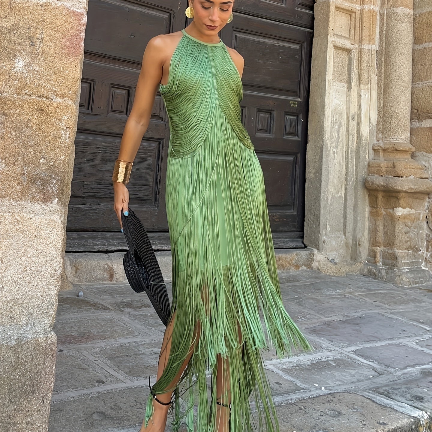 Ambrosine | Fringe Halter Midi Dress Bodycon Occasion
