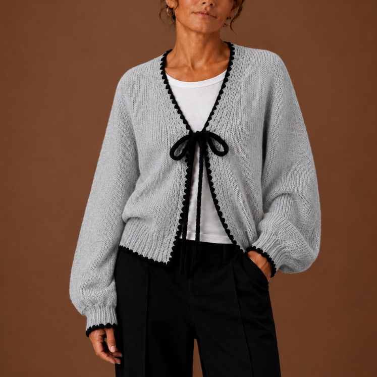 Adair | Women's Knit Cardigan with Scalloped Trim and Tie Neck