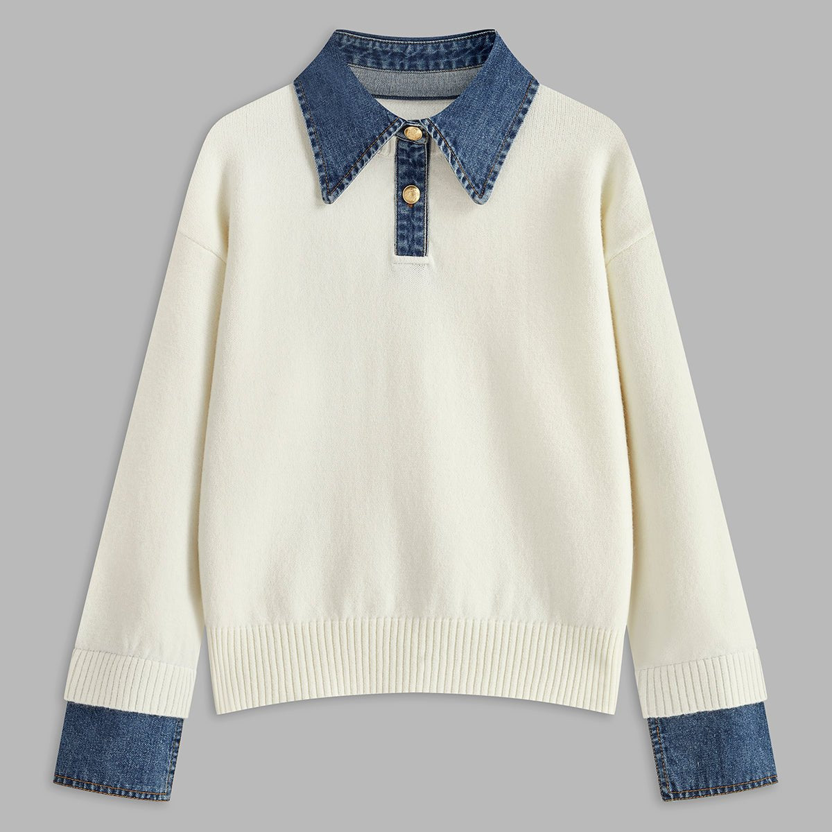 Tamsin | Women's Knit Polo Jumper Denim Collar Contrast Cuffs