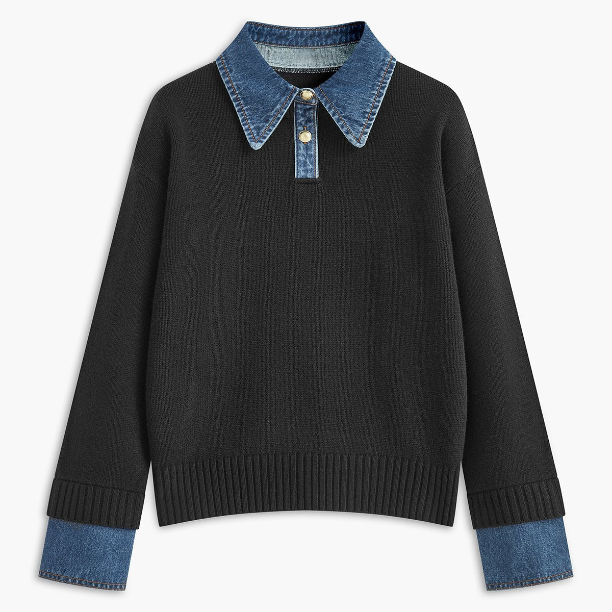 Tamsin | Women's Knit Polo Jumper Denim Collar Contrast Cuffs