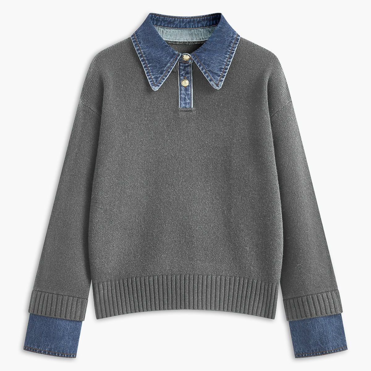 Tamsin | Women's Knit Polo Jumper Denim Collar Contrast Cuffs