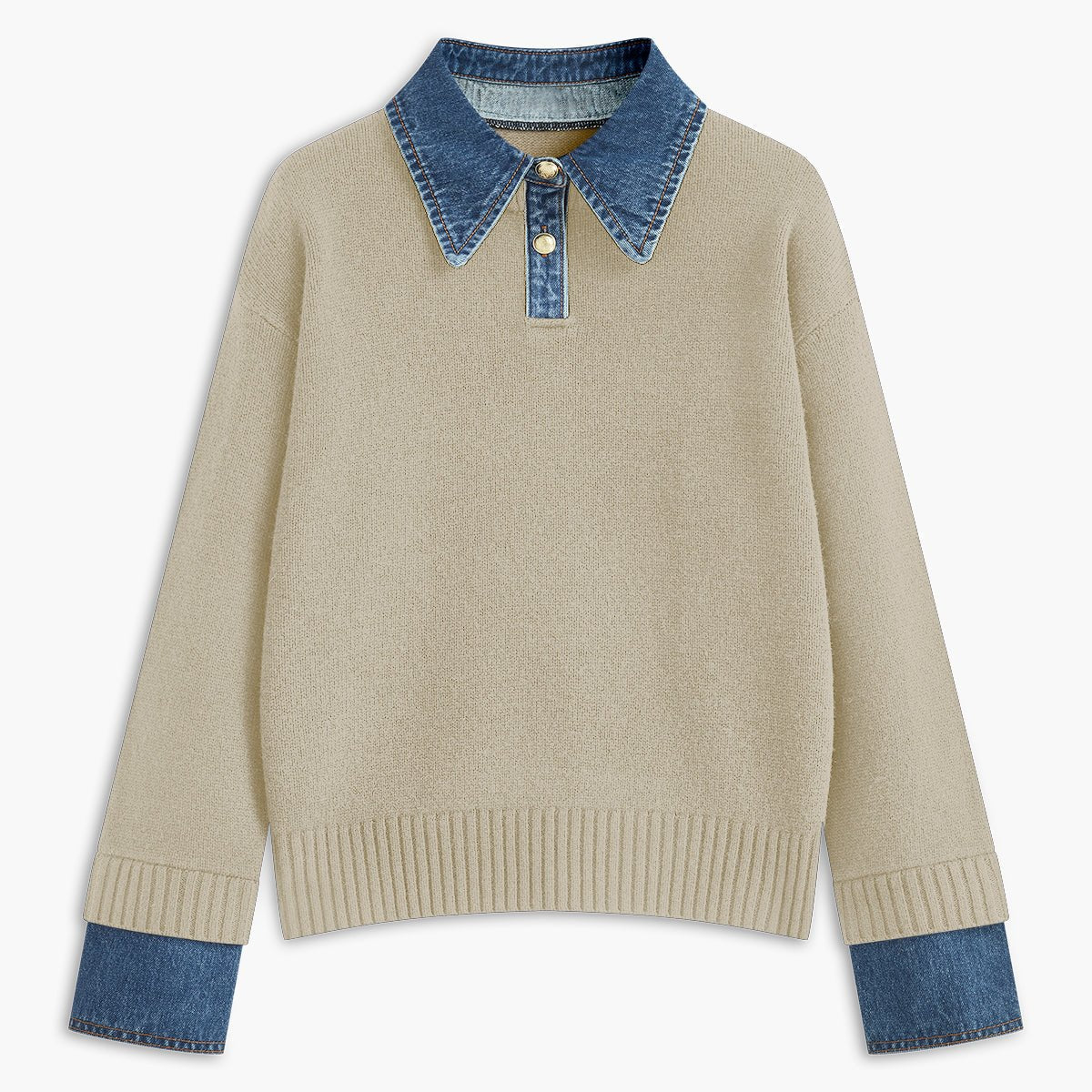 Tamsin | Women's Knit Polo Jumper Denim Collar Contrast Cuffs