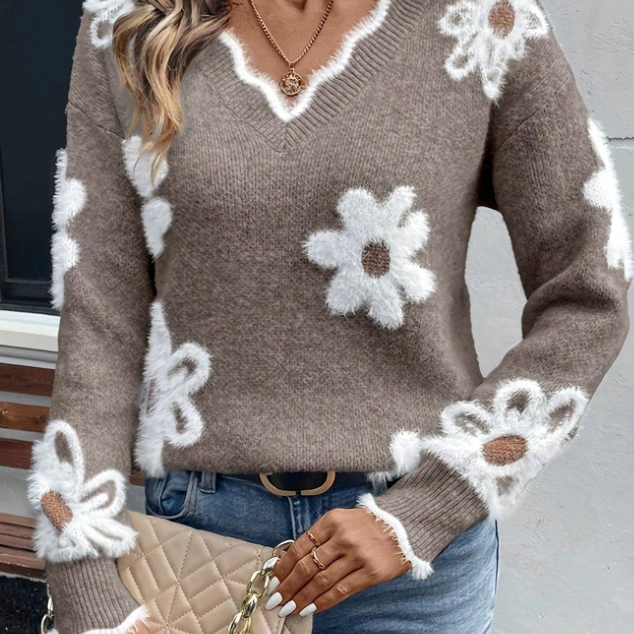 Margot | Women's Fluffy Knit Daisy Floral V-Neck Sweater